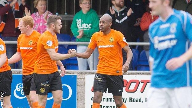 Miguel Chines celebrates scoring against Dungannon Swifts earlier this season