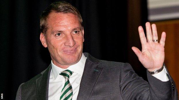 Brendan Rodgers gives a wave as he leaves the Celtic AGM