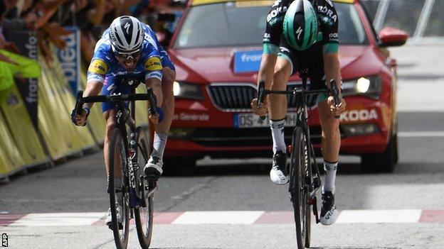 Julian Alaphilippe (left) celebrates his stage six win