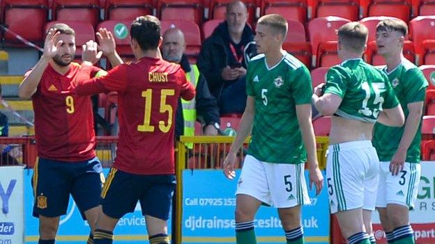 Spain striker Abel Ruiz celebrates scoring the opener at Inver Park