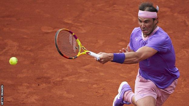 Rafael Nadal hits a return in the Barcelona Open