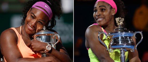 Serena Williams with the French and Australian Open trophies