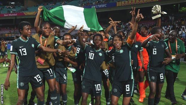 Nigeria celebrate their progress to the semi-finals of the Under-17 Women's World Cup