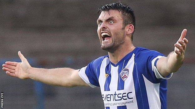 Eoin Bradley protests after he has goal disallowed at the Coleraine Showgrounds