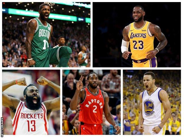 Kyrie Irving, LeBron James, James Harden, Kawhi Leonard and Steph Curry