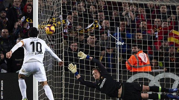 Daniel Parejo scores for Valencia past goalkeeper Marc-Andre Ter Stegen
