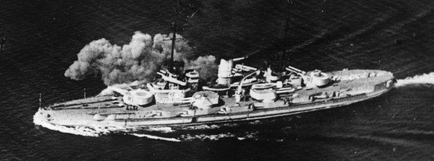 An archive image of a German Nassau class battleship during the naval Battle of Jutland