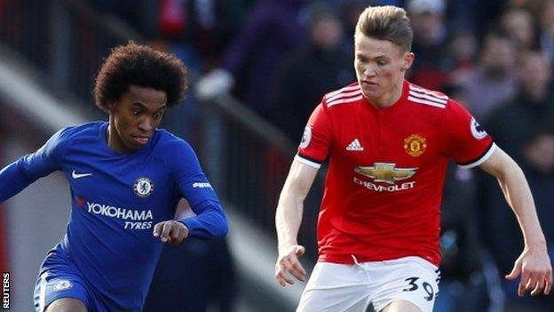 Manchester United's Scott McTominay (right) challenges Chelsea's Willian