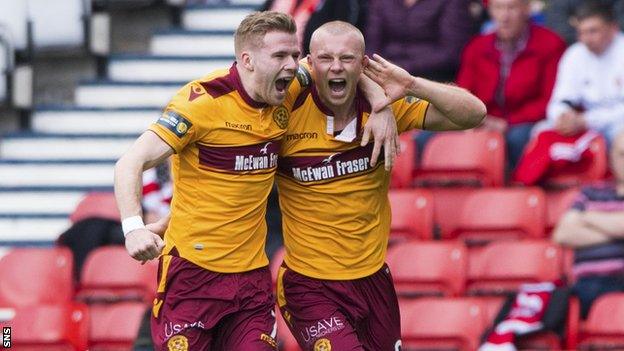 Chris Cadden and Curtis Main celebrate the latter's goal for Motherwell against Aberdeen in the Scottish Cup semi-final