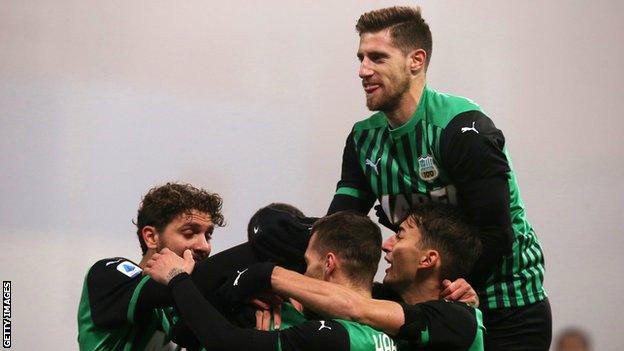 Berardi celebrates with Sassuolo team-mates