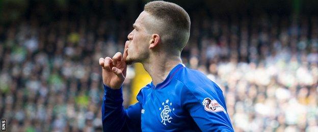 Ryan Kent celebrates scoring for Rangers against Celtic