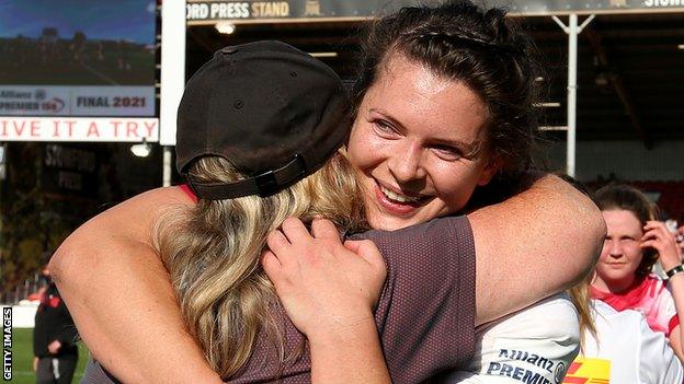 Abbie Ward celebrates Harlequins' Premier 15s final win against Saracens