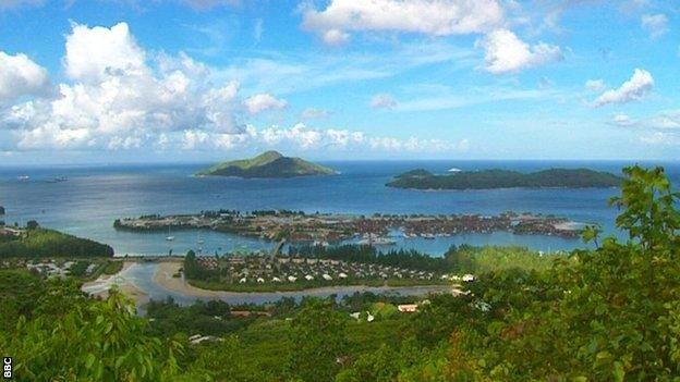 Landscape shot of a harbour in the Seychelles