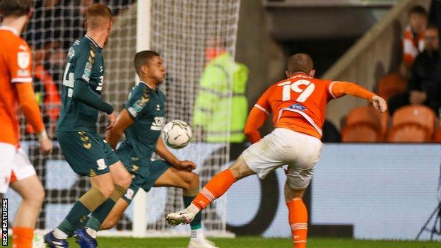 Shayne Lavery scores for Blackpool against Middlesbrough