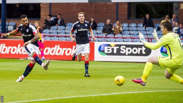 Kane Hemmings scores for Dundee against Dumbarton