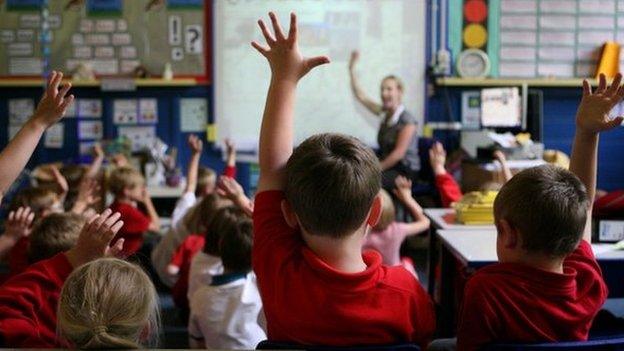 Primary school children raising their hands