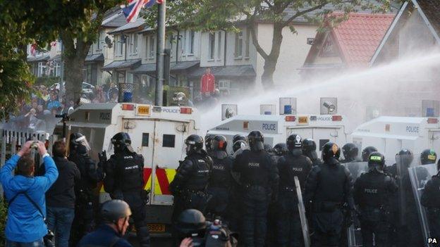 Water cannon being used by police in Belfast (13/07/15)