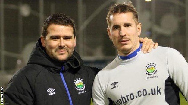 Linfield manager David Healy with new signing Marek Cervenka