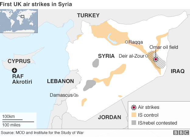 Map showing location of first RAF airstrikes in Syria