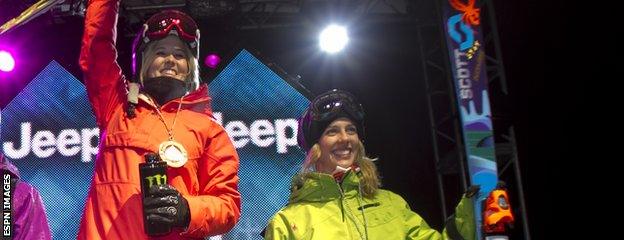 Sarah Burke and Roz Groenewoud celebrate on the podium together at the 2011 X Games