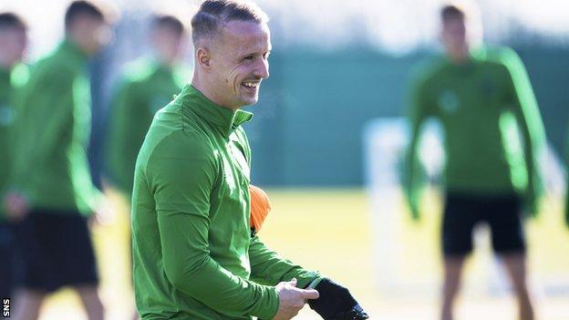 Leigh Griffiths smiles as he trains with Celtic on Thursday