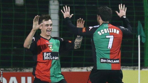 Chris Lavery celebrates one of his two goals with Glentoran team-mate David Scullion