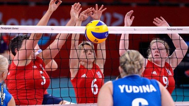 Great Britain's sitting volleyball team play at the 2012 Paralympics