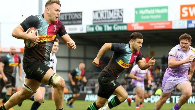 Harlequins back row forward Alex Dombrandt scored two of his side's seven tries in their semi-final win at Sandy Park