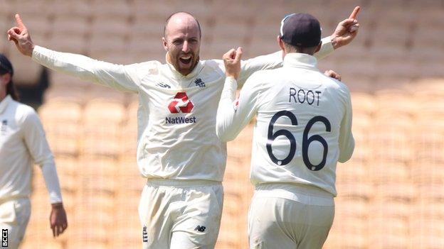 Jack Leach celebrates wicket