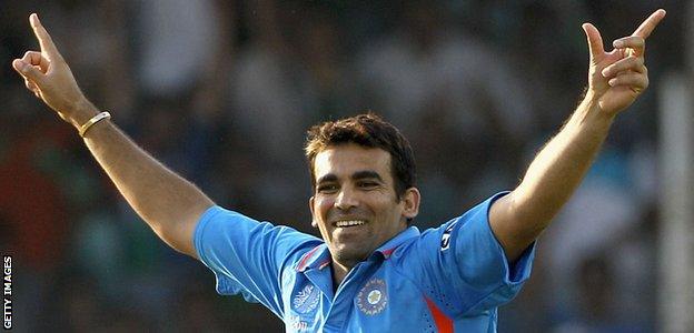 Zaheer Khan celebrates taking a wicket