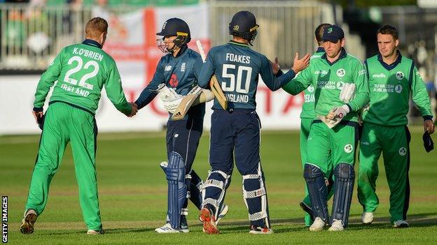 England and Ireland players shake hands after their ODI