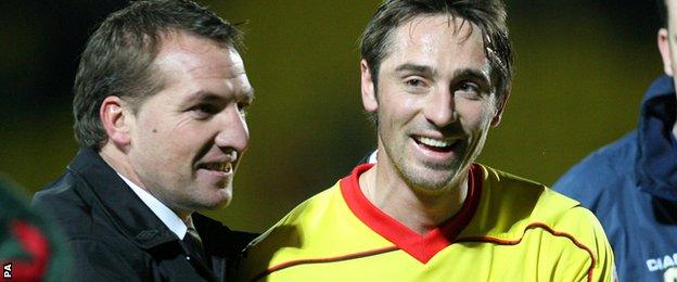 December 2008: Manager Brendan Rodgers celebrates with Watford skipper Tommy Smith after a win over Norwich City