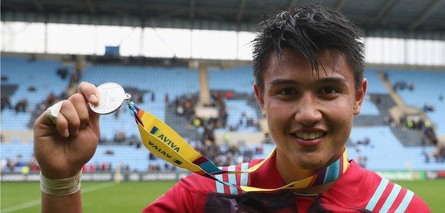 Marcus Smith with his man of the match award from Harlequins' away win over Wasps