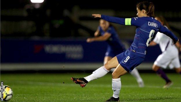 Karen Carney scores the winning goal from the penalty spot in Chelsea's 1-0 victory over Fiorentina