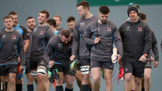 Assistant coach Dwayne Peel with Ulster players at a training session in early March