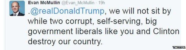 Mcmullin tweet: @realDonaldTrump, we will not sit by while two corrupt, self-serving, big government liberals like you and Clinton destroy our country.