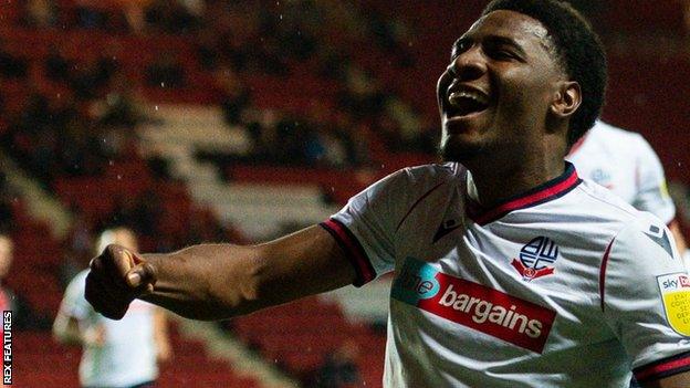 Oladapo Afolayan celebrates his goal for Bolton against Charlton