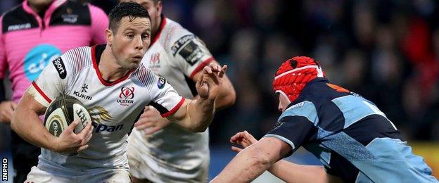 Ulster's John Cooney and Seb Davies of Cardiff Blues