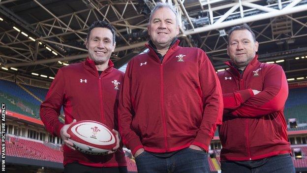 Wales' next coach Wayne Pivac with part his backroom staff Stephen Jones (left) and Jonathan Humphreys (right).