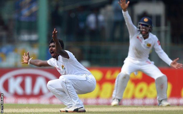 Sri Lanka's Lakshan Sandakan appeals for lbw