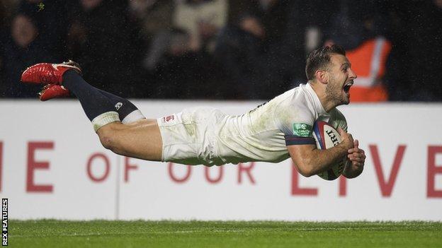 Danny Care joyously dives over for England's fourth try against Australia