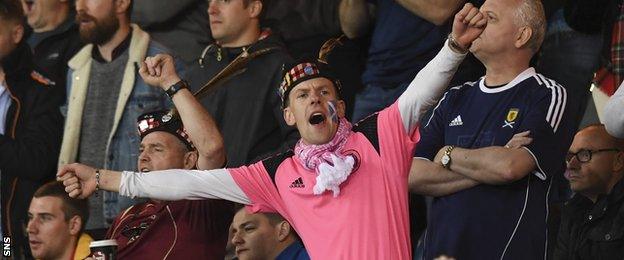 A Scotland fan cheers against Lithuania