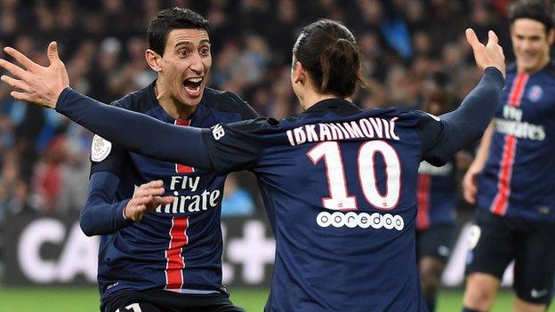 Angel di Maria celebrates a winning goal for Paris St-Germain