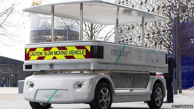 A driverless vehicle known as a Meridian shuttle during a photocall in central London on 11 February, 2015