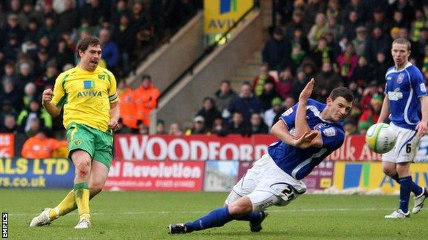 Grant Holt hit a hat-trick against Ipswich Town for Norwich City at Carrow Road in November 2010