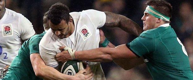 Garry Ringrose and CJ Stander tackle Courtney Lawes in Ireland's 13-9 win over England in Dublin a year ago