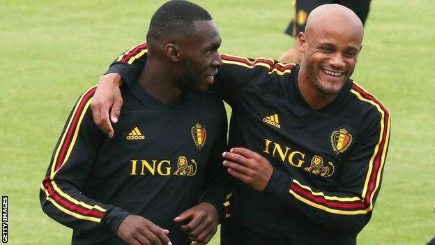 Vincent Kompany (right) with Christian Benteke in training