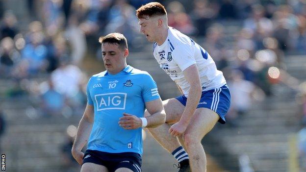 Sean Jones scores Monaghan's first goal at Clones as Dublin's Brian Howard looks on