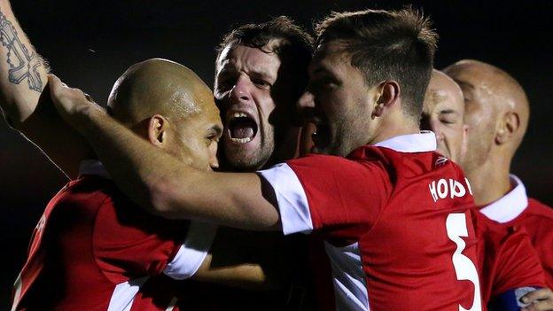 Salford celebrate their equaliser against Hartlepool