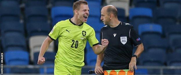 Czech Republic's Matej Vydra celebrates scoring against Israel